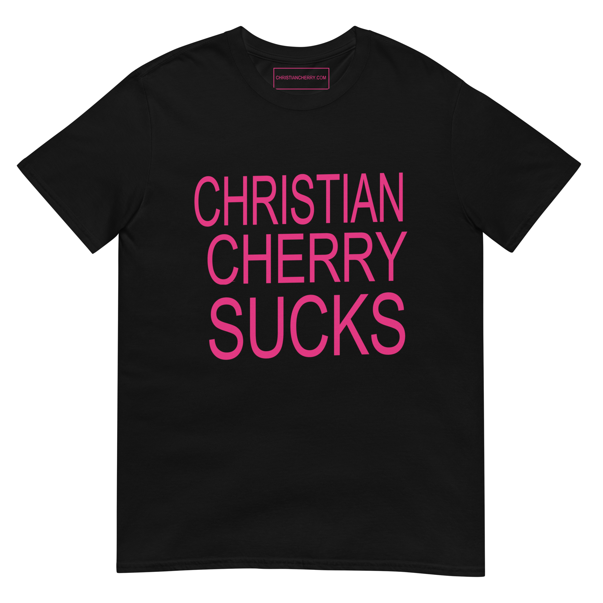 Front of black Christian Cherry Sucks tee with hot-pink text