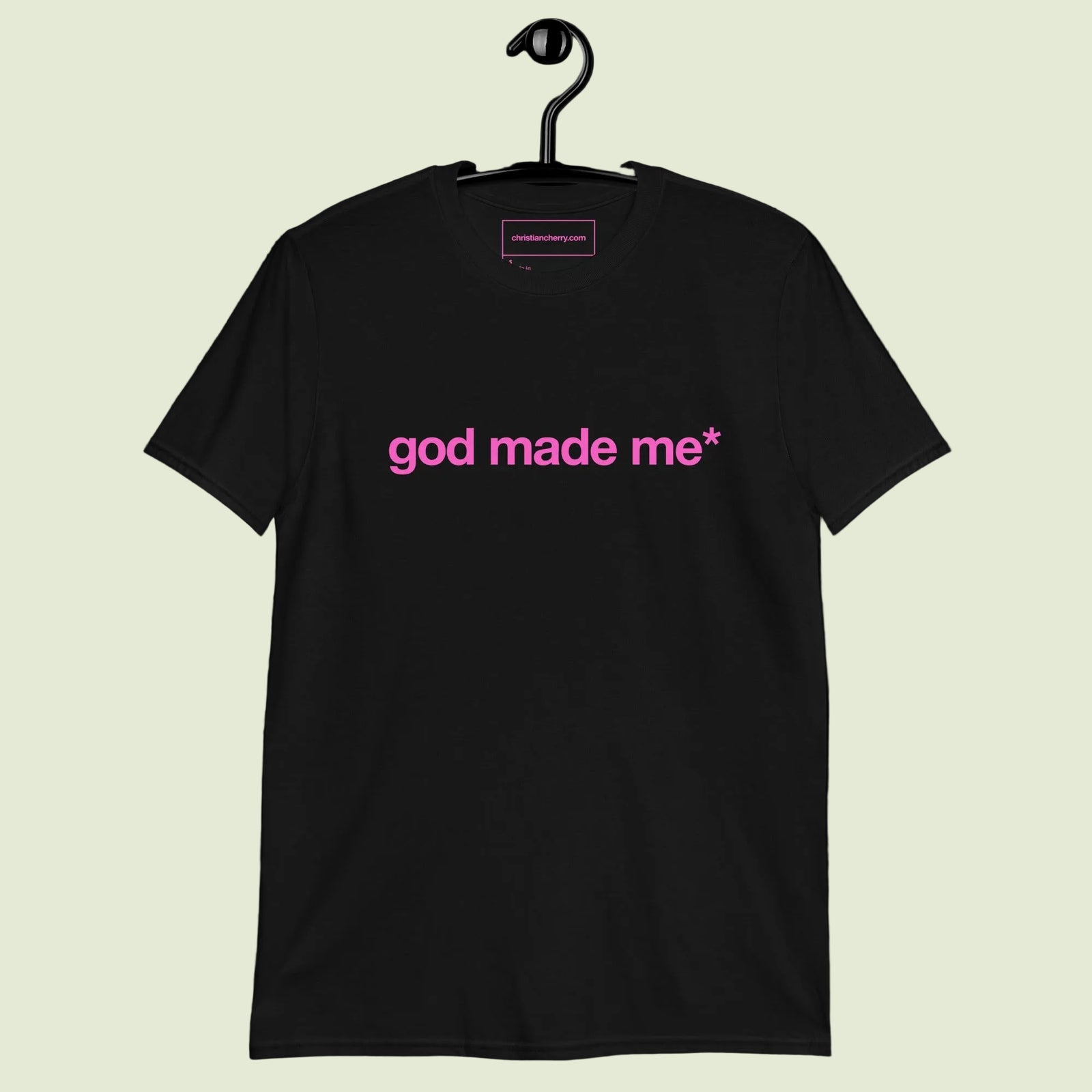 Front of black Christian Cherry God Made Me tee