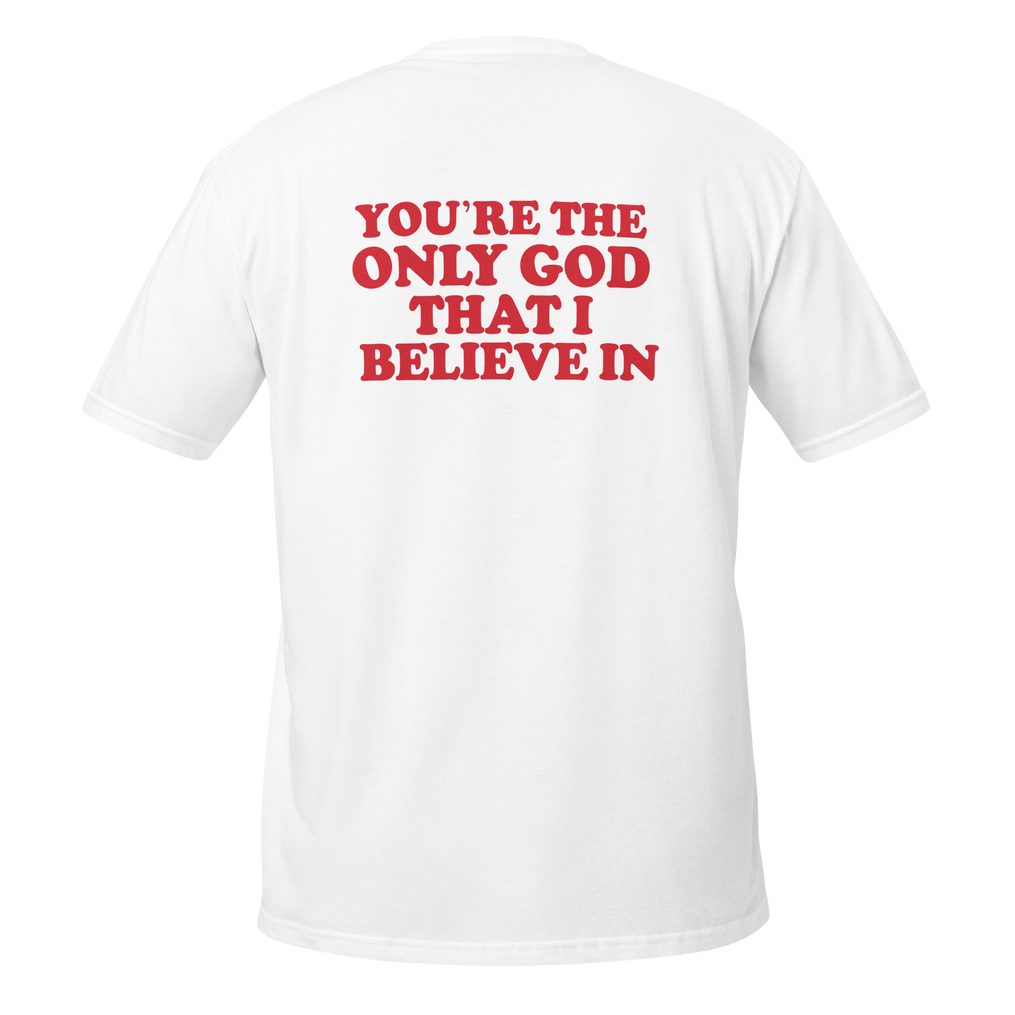 Back of Open Mouth white tee with red text