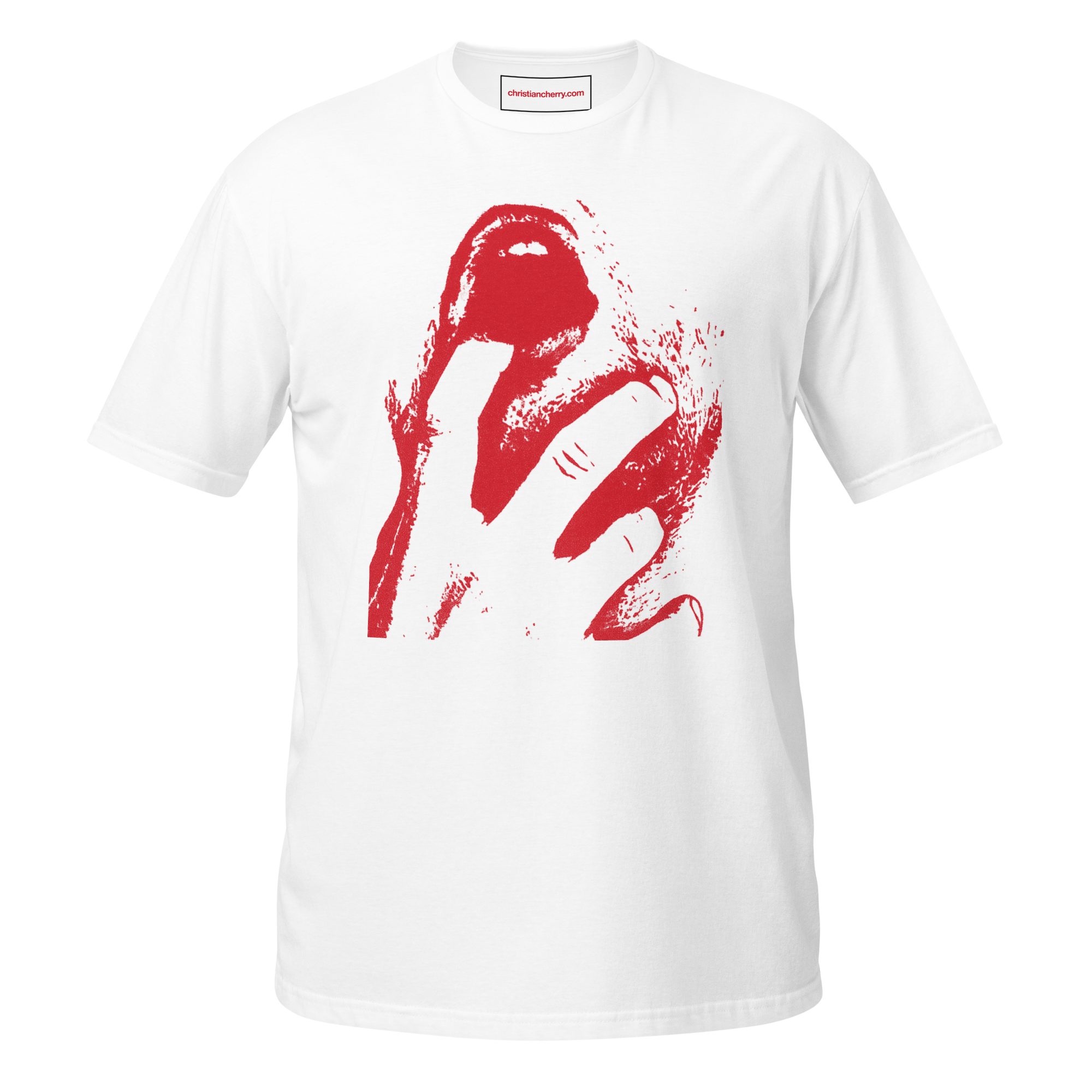 Front of Open Mouth white tee with red print